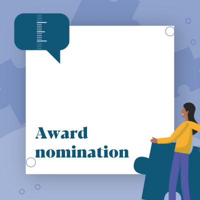 Blue border and woman with yellow jumper and jigsaw piece with text saying award nomination