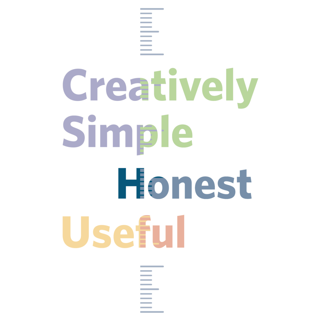 Image of the evaluator ruler branding and the words creatively simple honest and useful 