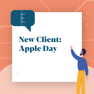 peach border around a white square with a man with dark short hair wearing a blue jumper and yellow trousers pointing to the blue text saying new client apple day